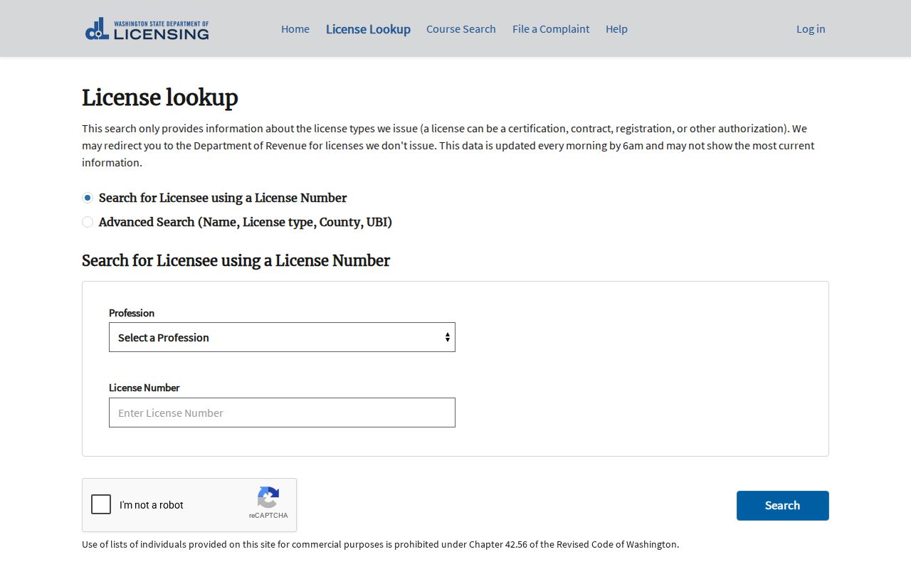 Bainbridge Island public records professional license lookup interface